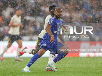 Jordan Ayew of Leicester City is in action with the ball during the Premier League match between Leicester City and Everton at the King Powe...