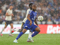 Jordan Ayew of Leicester City is in action with the ball during the Premier League match between Leicester City and Everton at the King Powe...