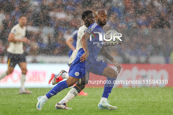 Jordan Ayew of Leicester City is in action with the ball during the Premier League match between Leicester City and Everton at the King Powe...