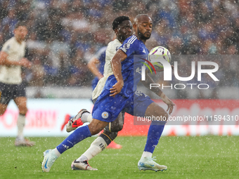 Jordan Ayew of Leicester City is in action with the ball during the Premier League match between Leicester City and Everton at the King Powe...