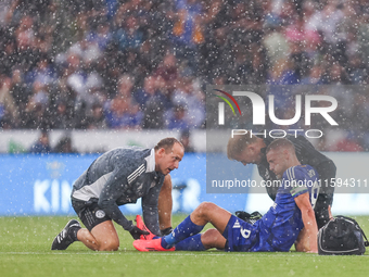 Jamie Vardy of Leicester City receives treatment following a knock during the Premier League match between Leicester City and Everton at the...