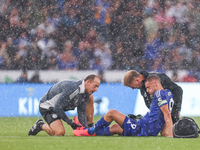 Jamie Vardy of Leicester City receives treatment following a knock during the Premier League match between Leicester City and Everton at the...