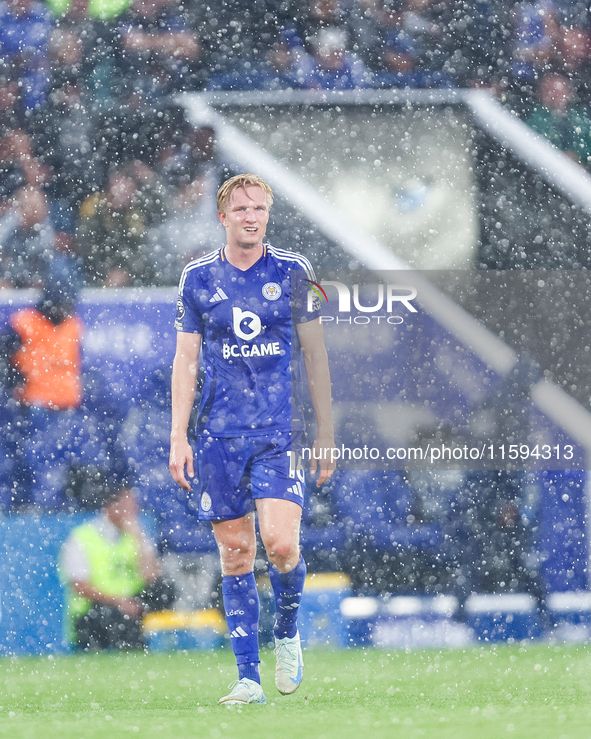 Victor Kristiansen of Leicester City during the Premier League match between Leicester City and Everton at the King Power Stadium in Leicest...