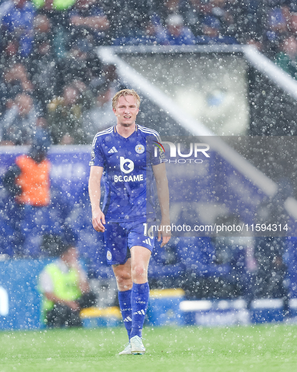 Victor Kristiansen of Leicester City during the Premier League match between Leicester City and Everton at the King Power Stadium in Leicest...