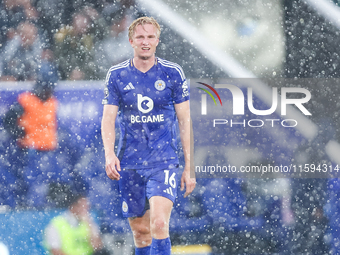 Victor Kristiansen of Leicester City during the Premier League match between Leicester City and Everton at the King Power Stadium in Leicest...