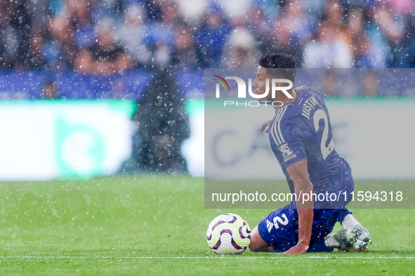 James Justin of Leicester City during the Premier League match between Leicester City and Everton at the King Power Stadium in Leicester, En...