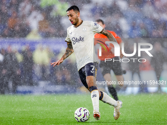 Dwight McNeil of Everton on the ball during the Premier League match between Leicester City and Everton at the King Power Stadium in Leicest...