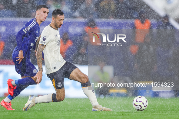 Dwight McNeil of Everton is in action during the Premier League match between Leicester City and Everton at the King Power Stadium in Leices...