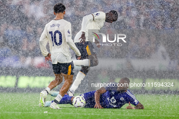 #18, Jordan Ayew of Leicester City fights for possession at the feet of #10, Ilman Ndiaye of Everton during the Premier League match between...