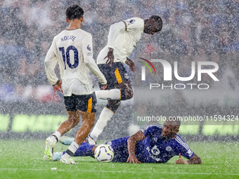 #18, Jordan Ayew of Leicester City fights for possession at the feet of #10, Ilman Ndiaye of Everton during the Premier League match between...