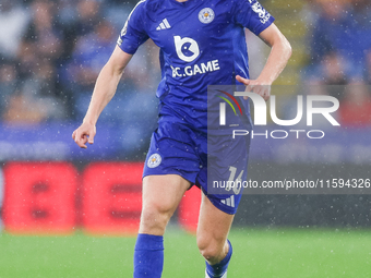 Victor Kristiansen of Leicester City handles the ball during the Premier League match between Leicester City and Everton at the King Power S...