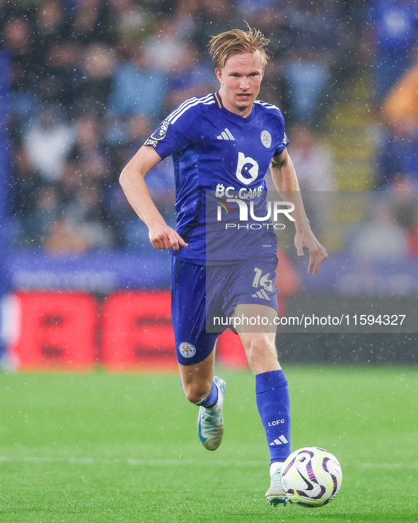 Victor Kristiansen of Leicester City handles the ball during the Premier League match between Leicester City and Everton at the King Power S...