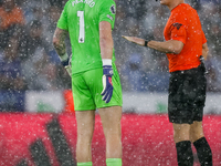 Jordan Pickford of Everton speaks to Referee Darren England during the Premier League match between Leicester City and Everton at the King P...