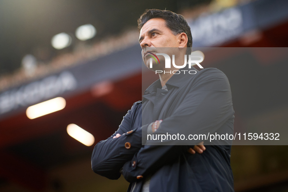 Michel Sanchez, head coach of Girona FC, looks on prior to the LaLiga EA Sports match between Valencia CF and Girona FC at Mestalla Stadium...