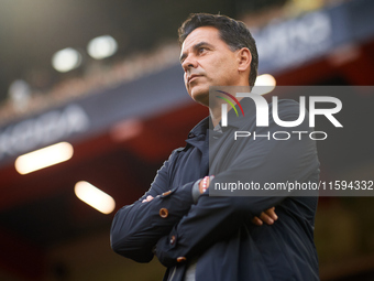 Michel Sanchez, head coach of Girona FC, looks on prior to the LaLiga EA Sports match between Valencia CF and Girona FC at Mestalla Stadium...