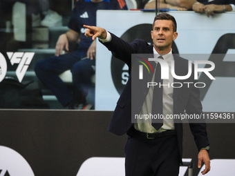 Juventus coach Thiago Motta gestures during the Serie A football match number 5 between Juventus and Napoli at the Allianz Stadium in Turin,...