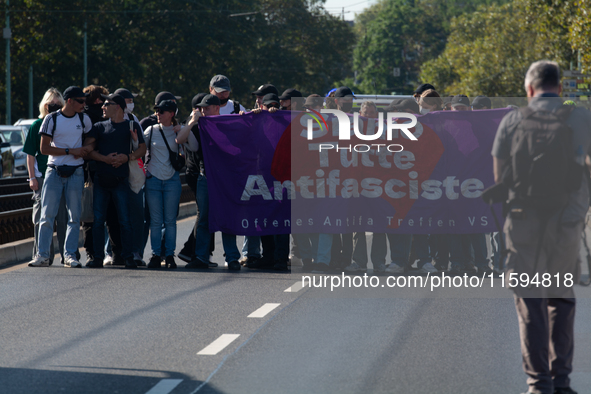 Several counter-protesters block the road for the ''Pro-Life March'' as thousands of people take part in the annual pro-life demonstration o...