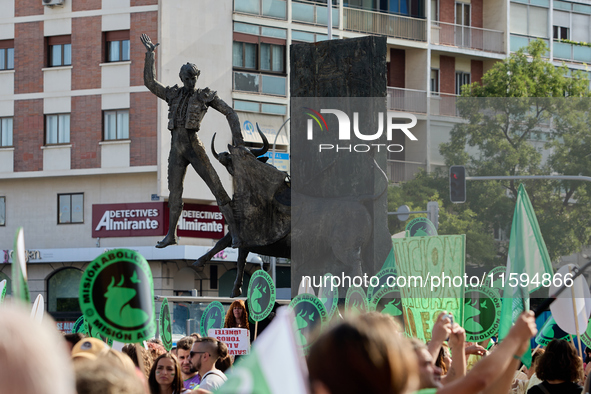 A demonstration for the abolition of bullfighting takes place in Madrid, Spain, on September 21, 2024. 