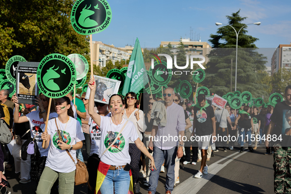 A demonstration for the abolition of bullfighting takes place in Madrid, Spain, on September 21, 2024. 