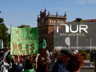 A demonstration for the abolition of bullfighting takes place in Madrid, Spain, on September 21, 2024. (