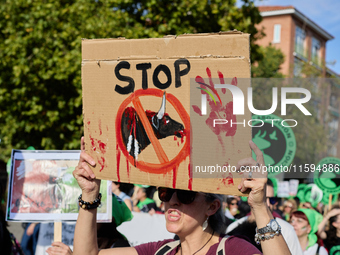 A demonstration for the abolition of bullfighting takes place in Madrid, Spain, on September 21, 2024. (