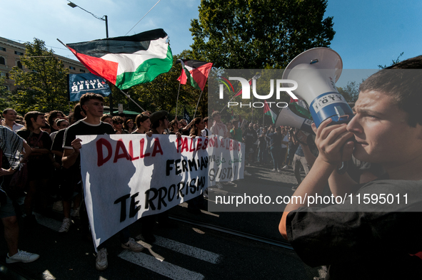 People attend a pro-Palestinian rally in Rome, Italy, on September 21, 2024. 