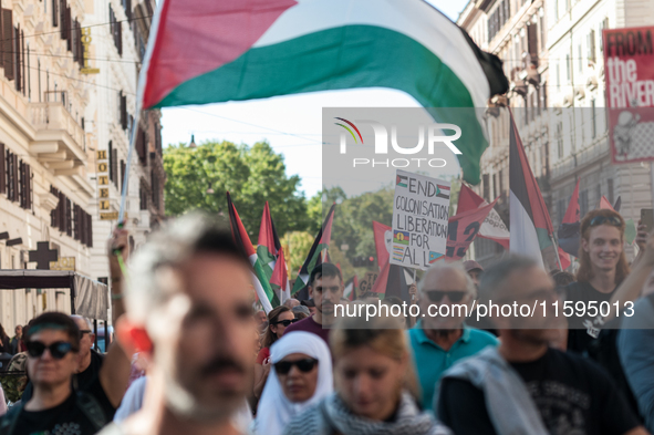 People attend a pro-Palestinian rally in Rome, Italy, on September 21, 2024. 