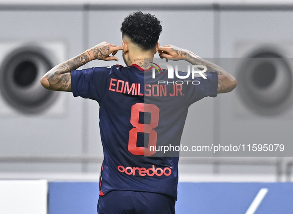 Edmilson Junior Paulo of Al Duhail SC celebrates after scoring a goal during the Ooredoo Qatar Stars League 24/25 match between Al-Sadd SC a...