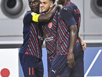 Edmilson Junior Paulo (C) of Al Duhail SC celebrates after scoring a goal during the Ooredoo Qatar Stars League 24/25 match between Al-Sadd...