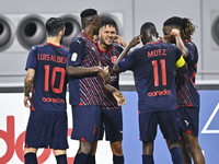 Edmilson Junior Paulo (C) of Al Duhail SC celebrates after scoring a goal during the Ooredoo Qatar Stars League 24/25 match between Al-Sadd...