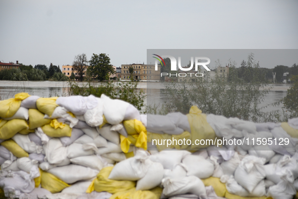 Flooded areas of the city during the flooding of the Odra River in Brzeg, Poland, on September 19, 2023. For several days, flood alerts are...