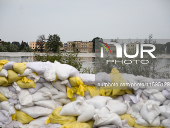 Flooded areas of the city during the flooding of the Odra River in Brzeg, Poland, on September 19, 2023. For several days, flood alerts are...