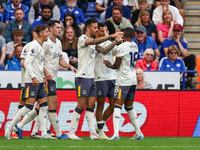 Everton celebrate the goal by #10, Ilman Ndiaye of Everton (hidden), during the Premier League match between Leicester City and Everton at t...