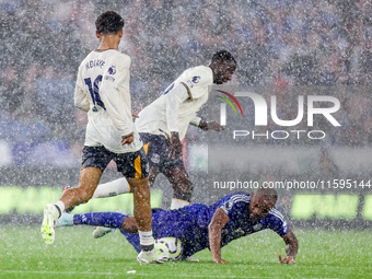 #18, Jordan Ayew of Leicester City fights for possession at the feet of #10, Ilman Ndiaye of Everton during the Premier League match between...