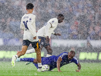 #18, Jordan Ayew of Leicester City fights for possession at the feet of #10, Ilman Ndiaye of Everton during the Premier League match between...