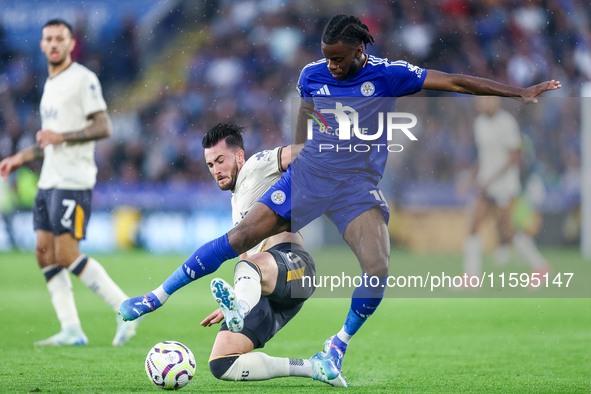 Stephy Mavididi of Leicester City is challenged for possession during the Premier League match between Leicester City and Everton at the Kin...