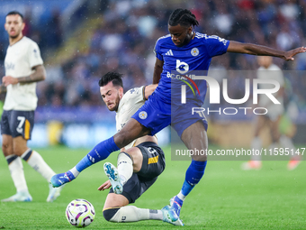 Stephy Mavididi of Leicester City is challenged for possession during the Premier League match between Leicester City and Everton at the Kin...