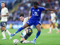 Stephy Mavididi of Leicester City is challenged for possession during the Premier League match between Leicester City and Everton at the Kin...