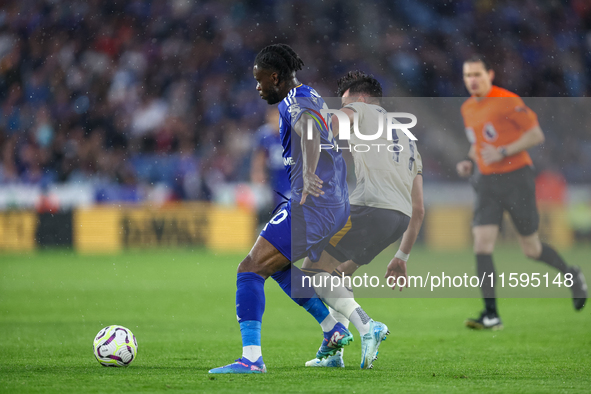 #10, Stephy Mavididi of Leicester City, and #11, Jack Harrison of Everton battle for possession during the Premier League match between Leic...