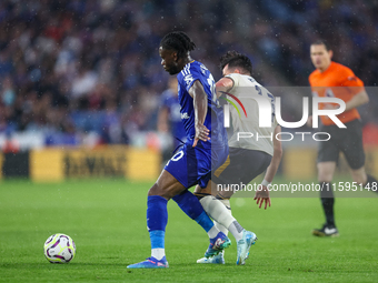 #10, Stephy Mavididi of Leicester City, and #11, Jack Harrison of Everton battle for possession during the Premier League match between Leic...