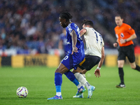 #10, Stephy Mavididi of Leicester City, and #11, Jack Harrison of Everton battle for possession during the Premier League match between Leic...