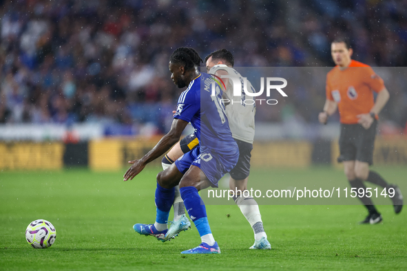 #10, Stephy Mavididi of Leicester City, and #11, Jack Harrison of Everton battle for possession during the Premier League match between Leic...