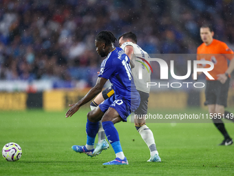 #10, Stephy Mavididi of Leicester City, and #11, Jack Harrison of Everton battle for possession during the Premier League match between Leic...