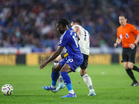 #10, Stephy Mavididi of Leicester City, and #11, Jack Harrison of Everton battle for possession during the Premier League match between Leic...