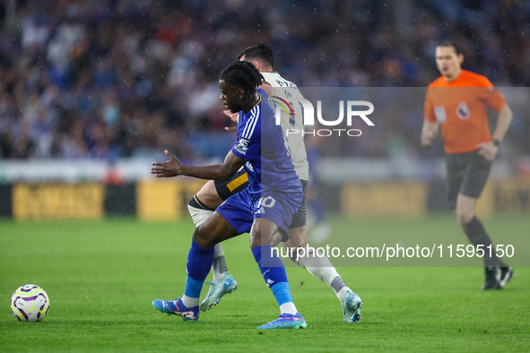 #10, Stephy Mavididi of Leicester City, and #11, Jack Harrison of Everton battle for possession during the Premier League match between Leic...