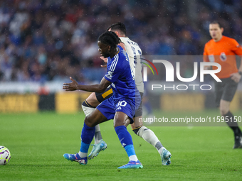 #10, Stephy Mavididi of Leicester City, and #11, Jack Harrison of Everton battle for possession during the Premier League match between Leic...