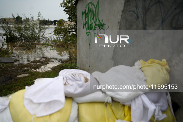 Flooded areas of the city during the flooding of the Odra River in Brzeg, Poland, on September 19, 2023. For several days, flood alerts are...