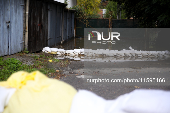 Flooded areas of the city during the flooding of the Odra River in Brzeg, Poland, on September 19, 2023. For several days, flood alerts are...