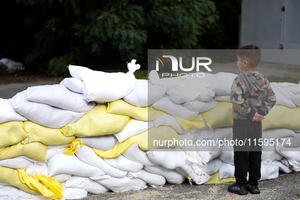 Sandbags during the flooding of the Odra River in Brzeg, Poland, on September 19, 2023. For several days, flood alerts are in force in some...