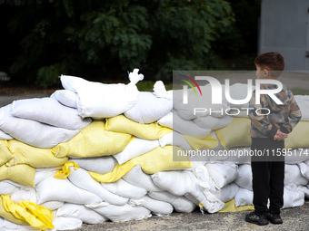 Sandbags during the flooding of the Odra River in Brzeg, Poland, on September 19, 2023. For several days, flood alerts are in force in some...